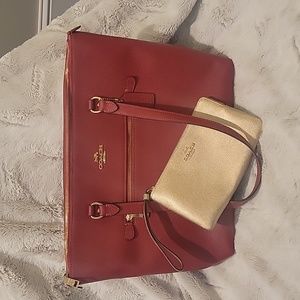 COACH Red Gallery Tote and Gold Wristlet Set like new